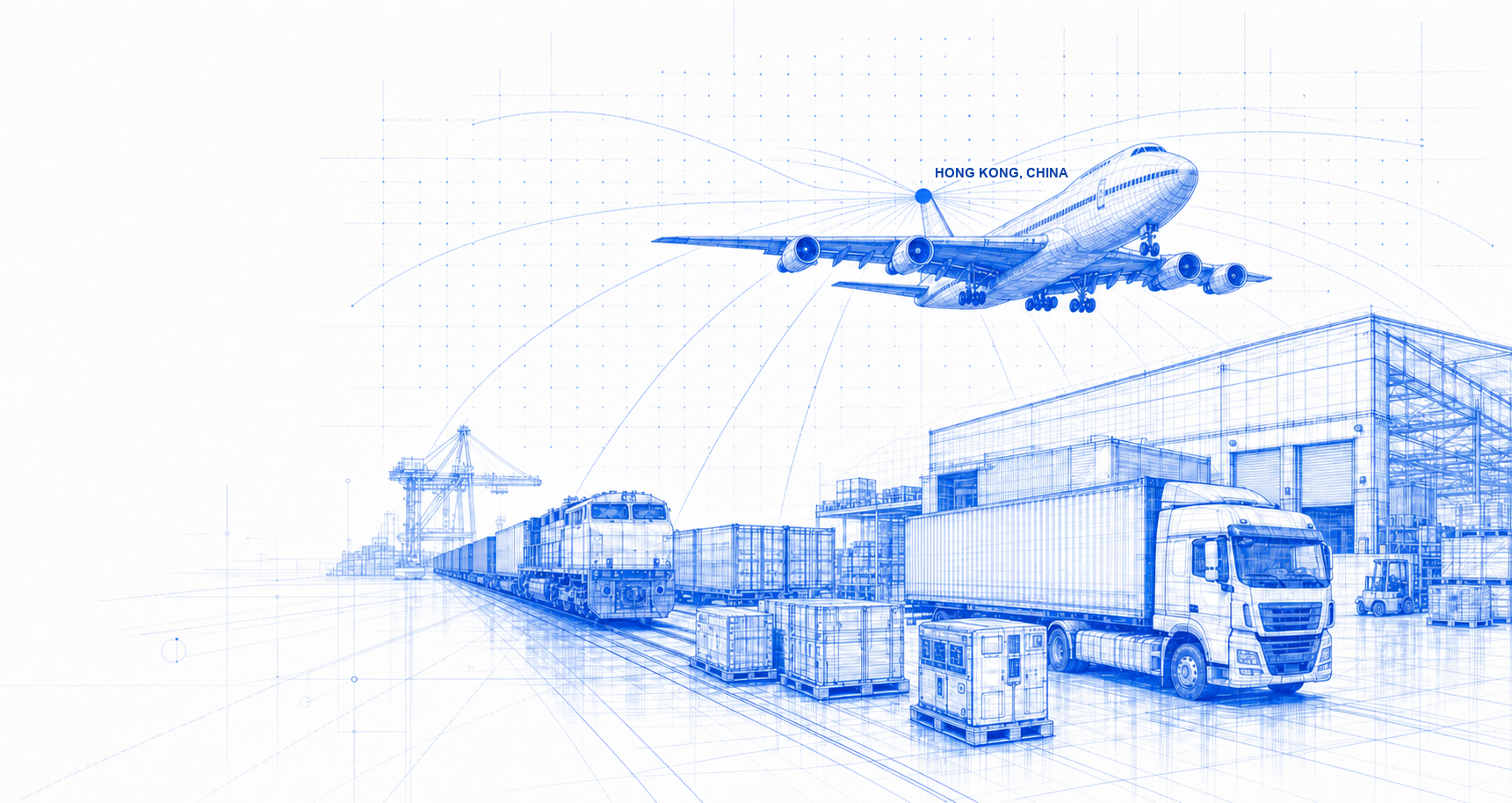 Blueprint logistics network centered on Hong Kong, China, with air, road, rail, warehouse, and sea transport